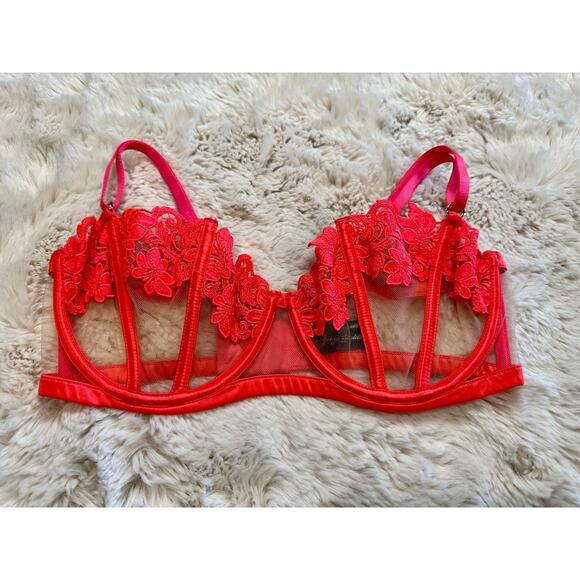 Honey Birdette AMELIE🩷 Neon Pink Coral Floral Bra 34DDD - Picture 1 of 4